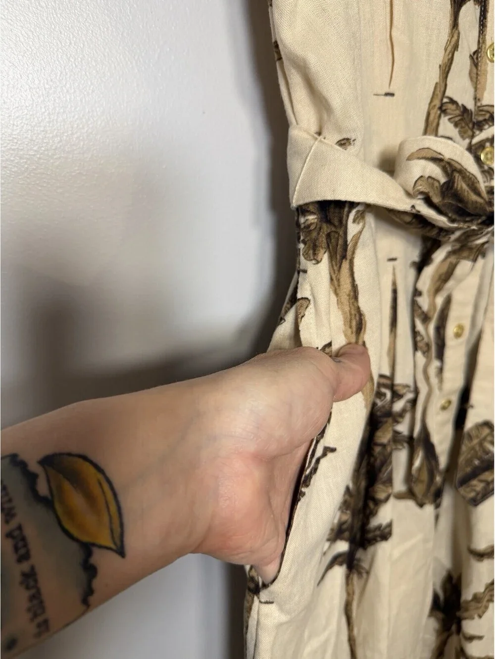 NWTS Nautica Beige Palm Frond Print Short Sleeve Shirt Dress Vneck Small Coastal